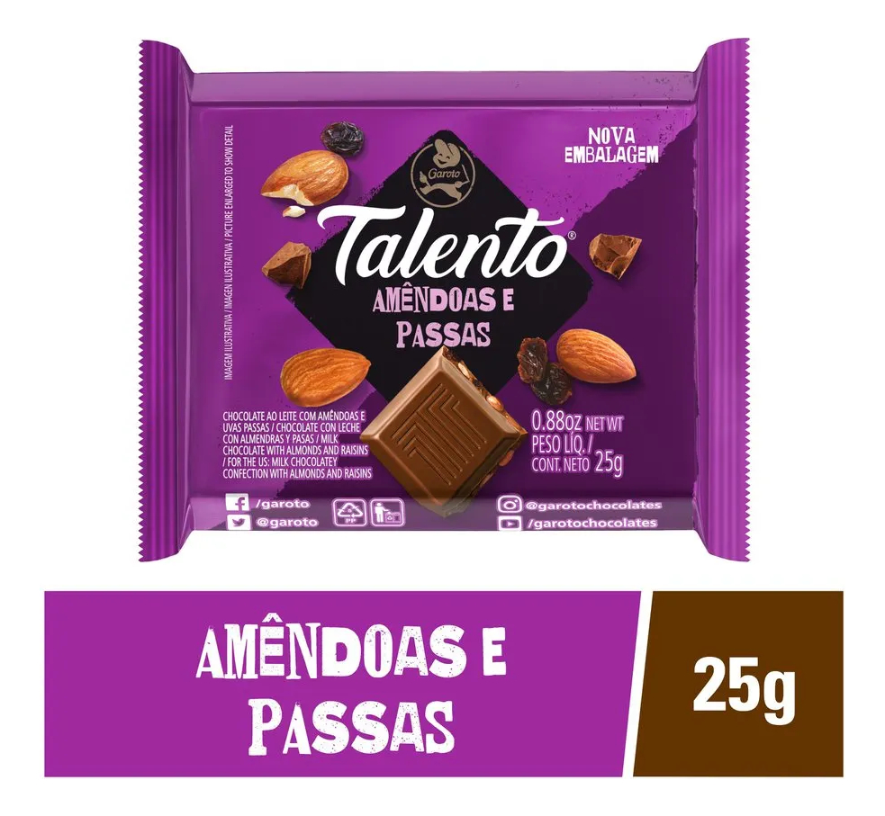 TABLETA CHOCOLATE TALENTO ALMENDRAS Y PASAS 25G