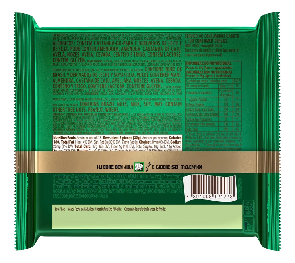 TABLETA CHOCOLATE TALENTO NUEZ DE BRASIL 85G