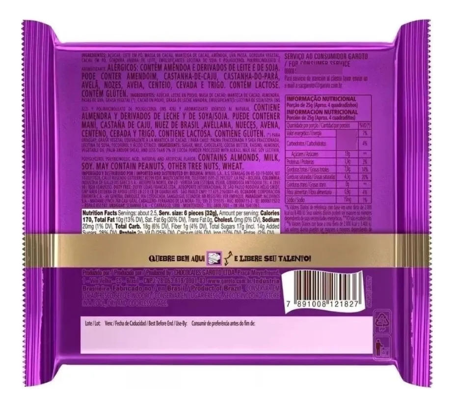 TABLETA CHOCOLATE TALENTO ALMENDRA Y PASAS 85G